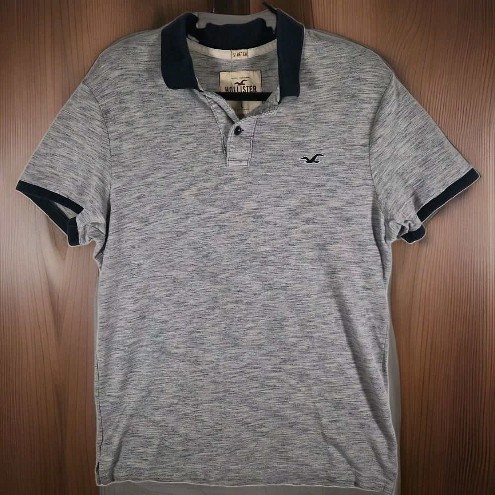 2000s Y2k Hollister California Mens Large Gray Stretch Polo Shirt Navy Trim Logo